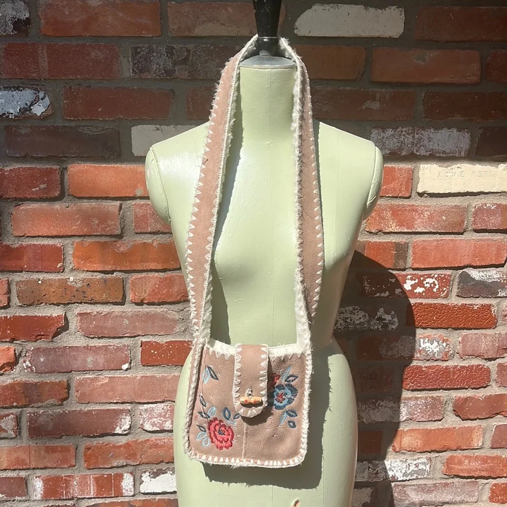 Monsoon Suede Embroidered Fur lined CrossBody Purse - Picture 2 of 7